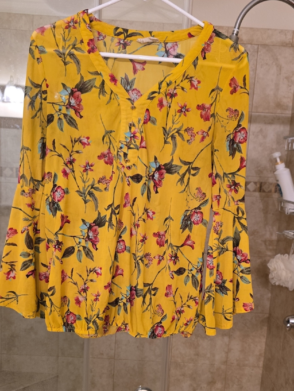Women's Yellow Floral V-Neck Button-Front Blouse